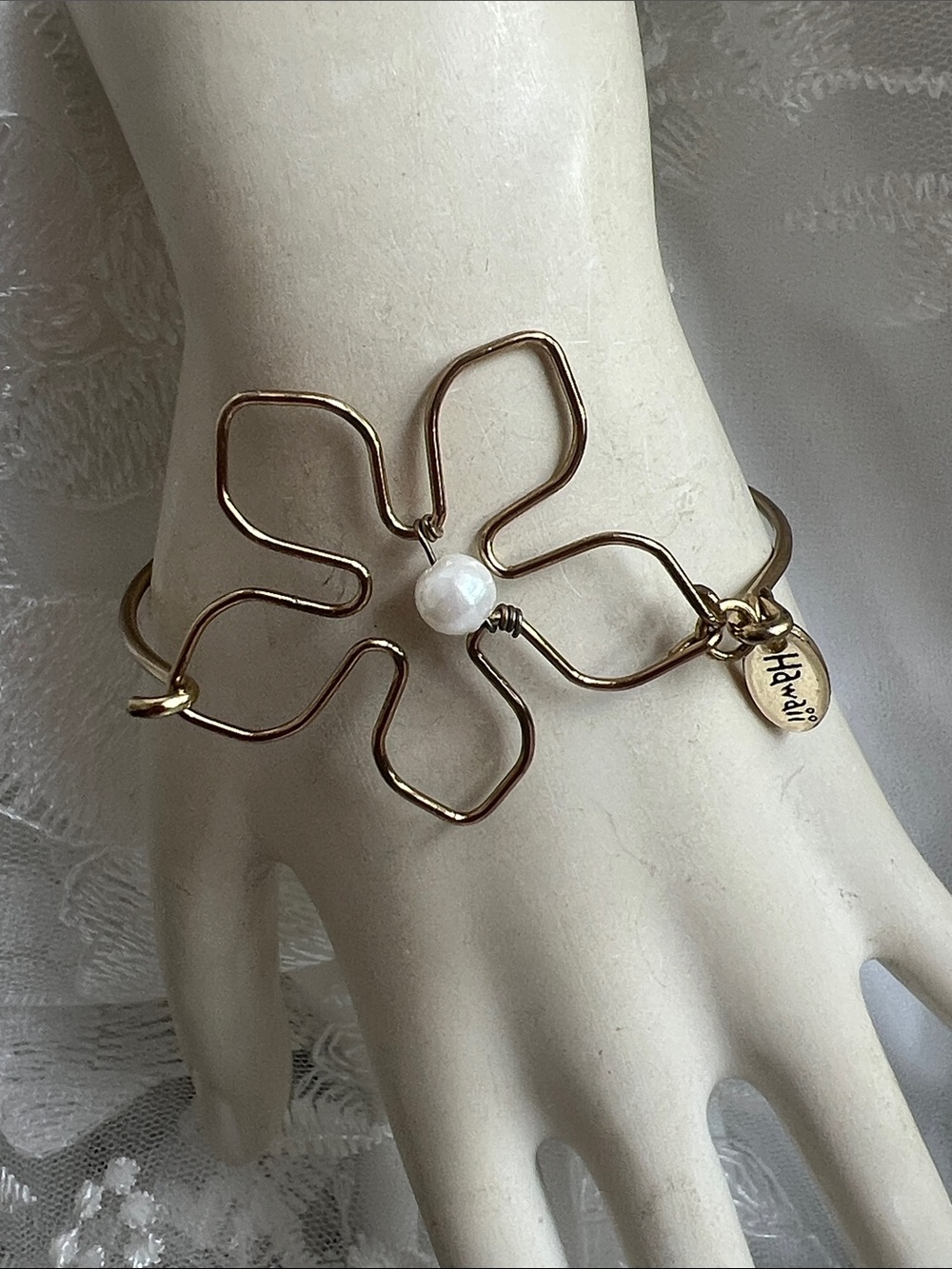 Handcrafted Gold Flower Wire Bracelet with Pearl Center -